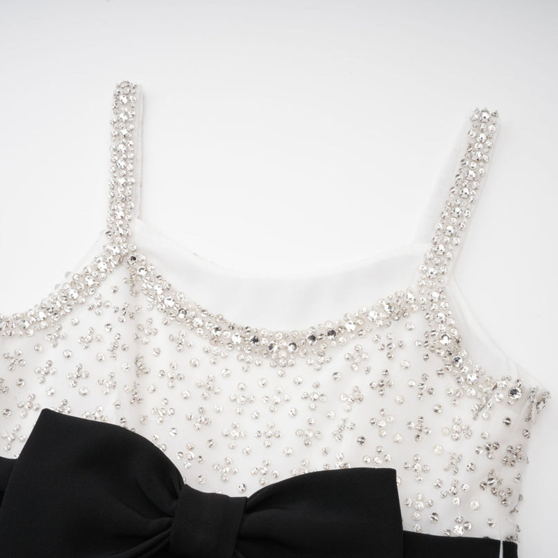 Ermione Black and White Crystal Embellished Mini Dress with Bow Detailing