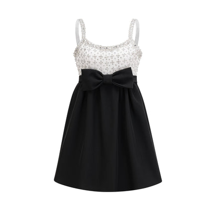 Ermione Black and White Crystal Embellished Mini Dress with Bow Detailing