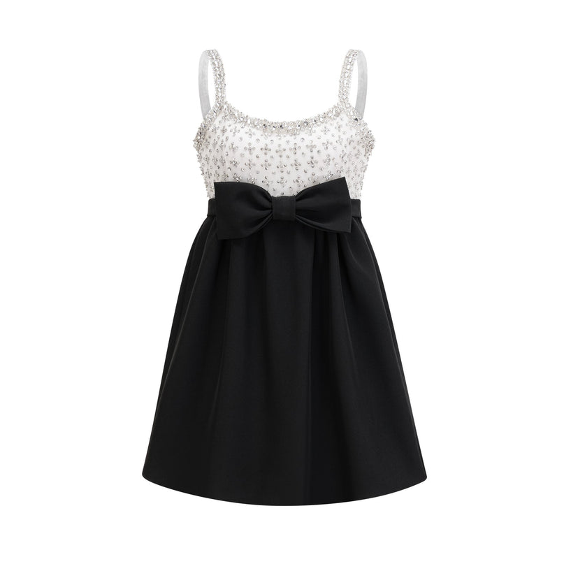 Ermione Black and White Crystal Embellished Mini Dress with Bow Detailing