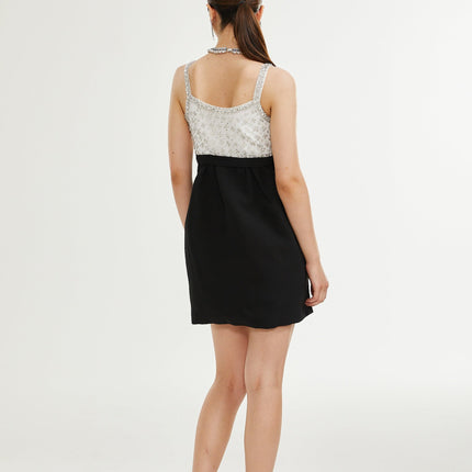 Ermione Black and White Crystal Embellished Mini Dress with Bow Detailing