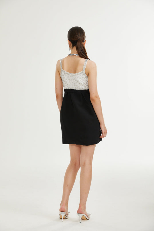 Ermione Black and White Crystal Embellished Mini Dress with Bow Detailing