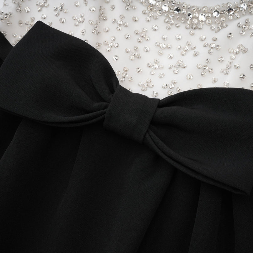 Ermione Black and White Crystal Embellished Mini Dress with Bow Detailing