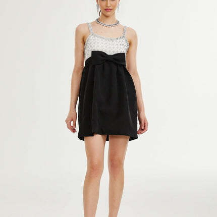 Ermione Black and White Mini Dress with Crystal Embellishments and Bow Detailing