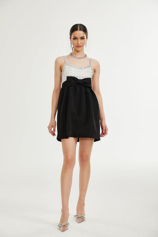 Ermione Black and White Mini Dress with Crystal Embellishments and Bow Detailing