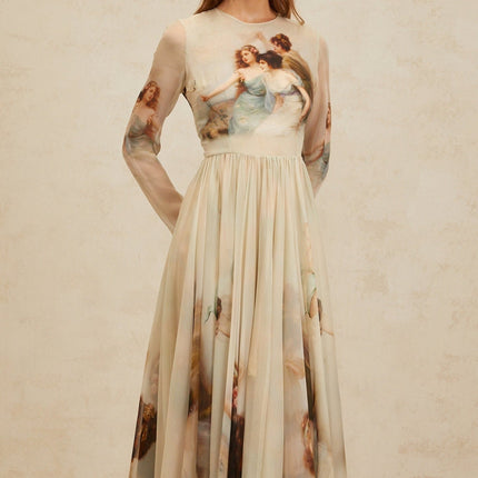 Ermione Green Silk Maxi Dress with Graphic Print and Shirred Design