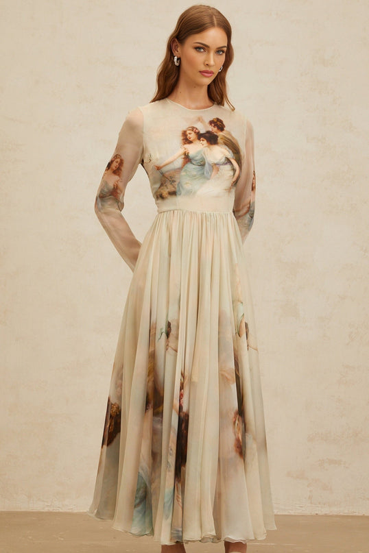 Ermione Green Silk Maxi Dress with Graphic Print and Shirred Design