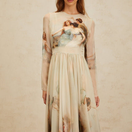 Ermione Green Silk Maxi Dress with Graphic Print and Shirred Design