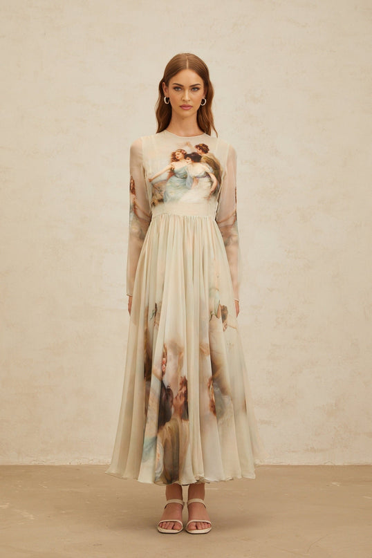 Ermione Green Silk Maxi Dress with Graphic Print and Long Sleeves