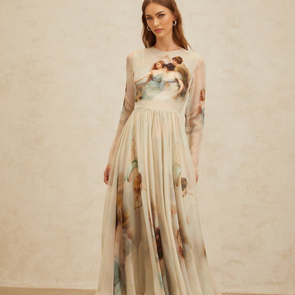 Ermione Green Silk Maxi Dress with Graphic Print and Shirred Design
