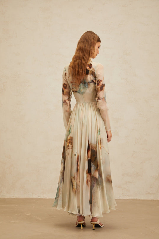 Ermione Green Silk Maxi Dress with Graphic Print and Shirred Design