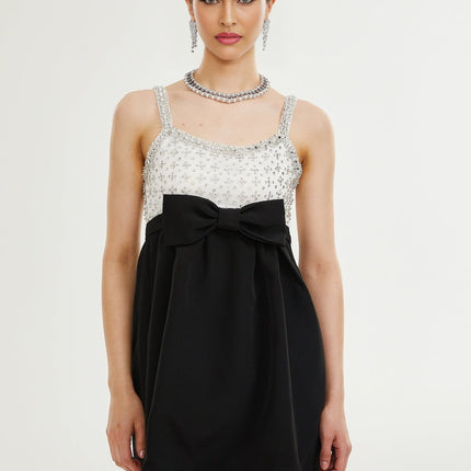 Ermione Black and White Crystal Embellished Mini Dress with Bow Detailing