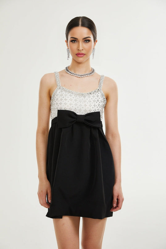 Ermione Black and White Crystal Embellished Mini Dress with Bow Detailing