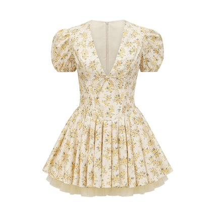 Ermione Yellow Floral Mini Dress Pleated Layers