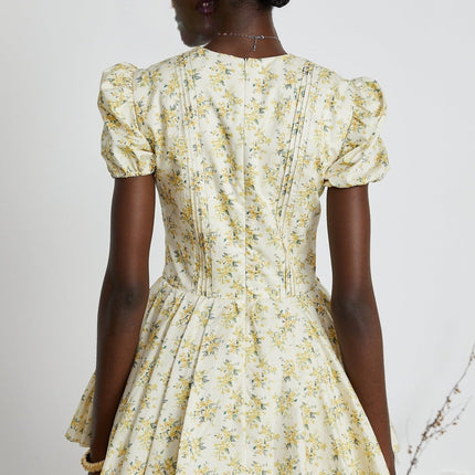 Ermione Yellow Floral Pleated Layers Mini Dress