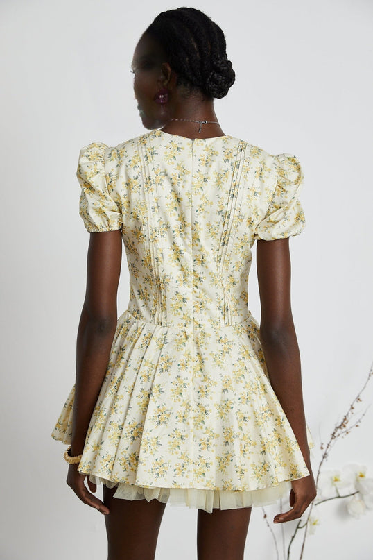 Ermione Yellow Floral Pleated Layers Mini Dress