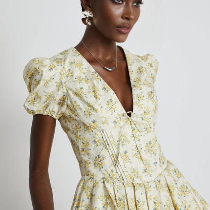 Ermione Yellow Floral Pleated Layers Mini Dress