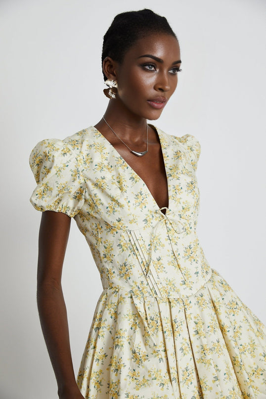 Ermione Yellow Floral Pleated Layers Mini Dress