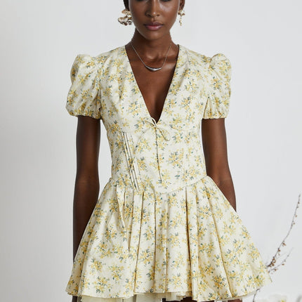 Ermione Yellow Floral Pleated Layers Mini Dress