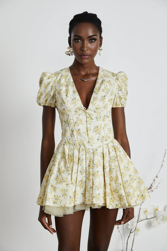 Ermione Yellow Floral Pleated Layers Mini Dress