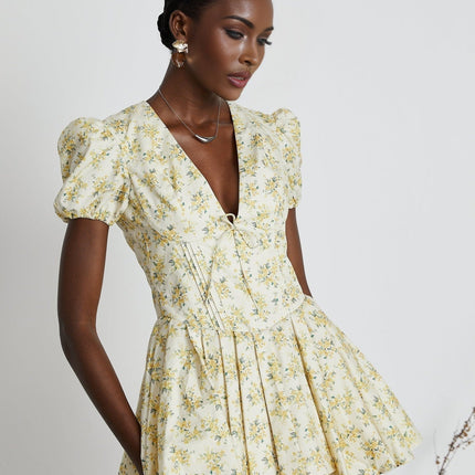 Ermione Yellow Floral Pleated Layers Mini Dress