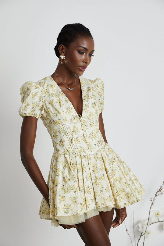 Ermione Yellow Floral Pleated Layers Mini Dress