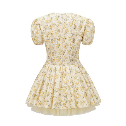 Ermione Yellow Floral Pleated Layers Mini Dress
