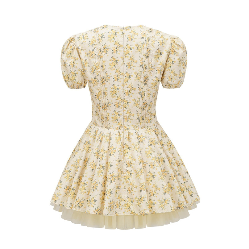 Ermione Yellow Floral Pleated Layers Mini Dress