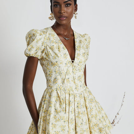 Ermione Yellow Floral Pleated Layers Mini Dress