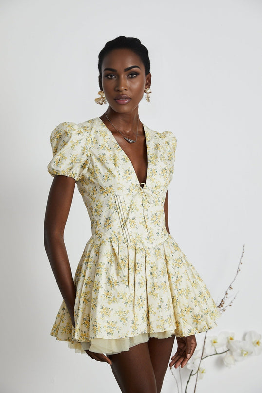 Ermione Yellow Floral Pleated Layers Mini Dress