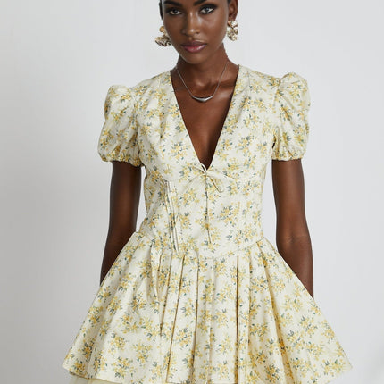 Ermione Yellow Floral Pleated Mini Dress Layers
