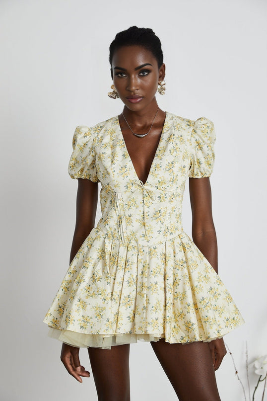 Ermione Yellow Floral Pleated Mini Dress Layers