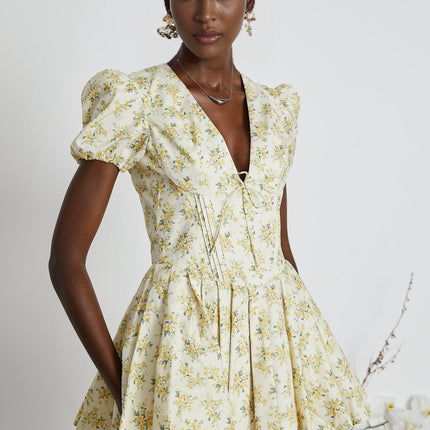 Ermione Yellow Floral Pleated Mini Dress Layers