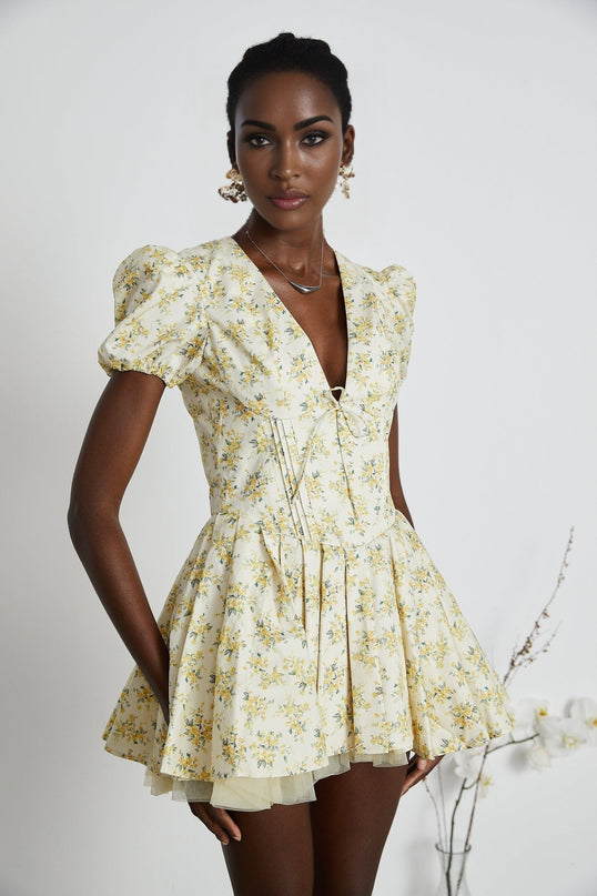 Ermione Yellow Floral Pleated Mini Dress Layers