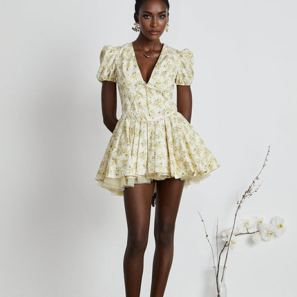 Ermione Yellow Floral Pleated Mini Dress Layers