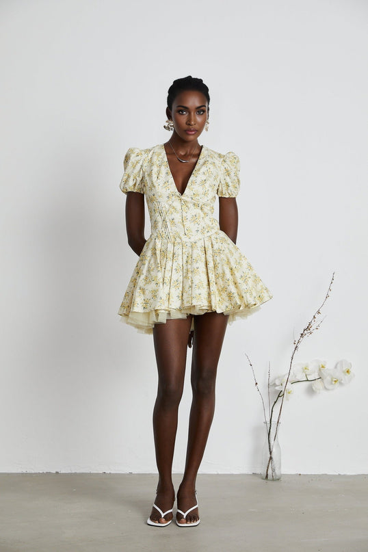 Ermione Yellow Floral Pleated Mini Dress Layers