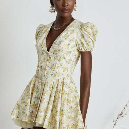 Ermione Yellow Floral Pleated Mini Dress Layers
