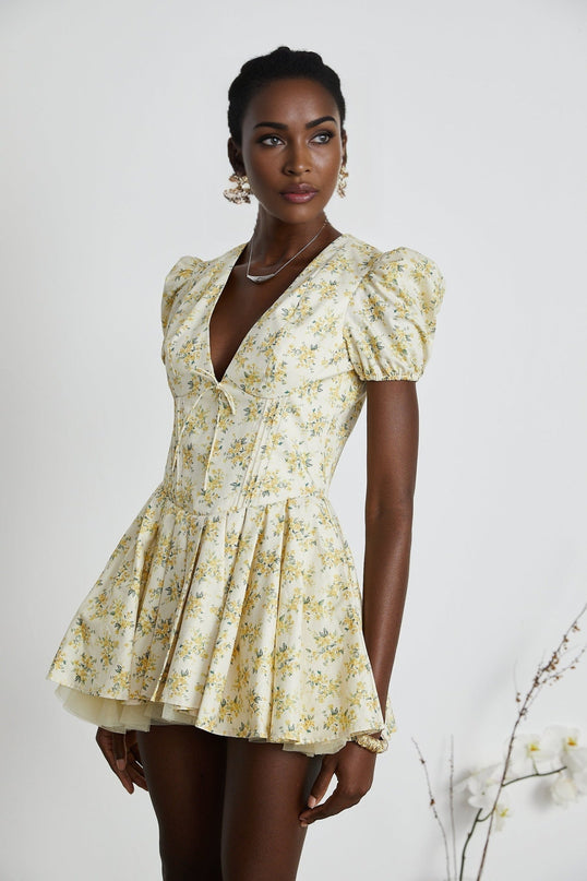 Ermione Yellow Floral Pleated Mini Dress Layers