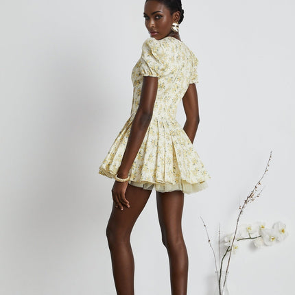 Ermione Yellow Floral Pleated Mini Dress Layers