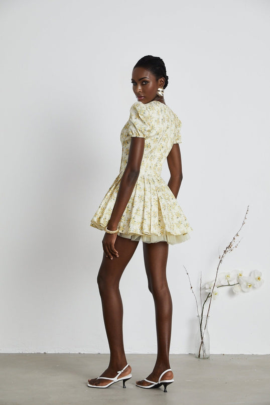 Ermione Yellow Floral Pleated Mini Dress Layers
