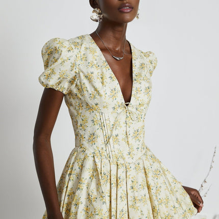 Ermione Yellow Floral Pleated Mini Dress Layers