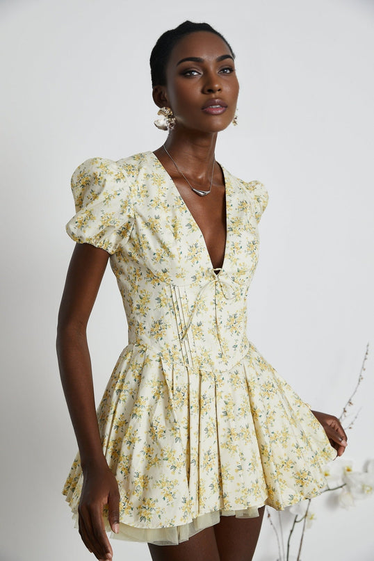 Ermione Yellow Floral Pleated Mini Dress Layers