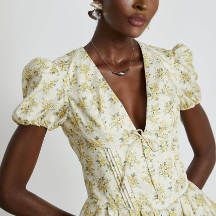 Ermione Yellow Floral Pleated Mini Dress Layers