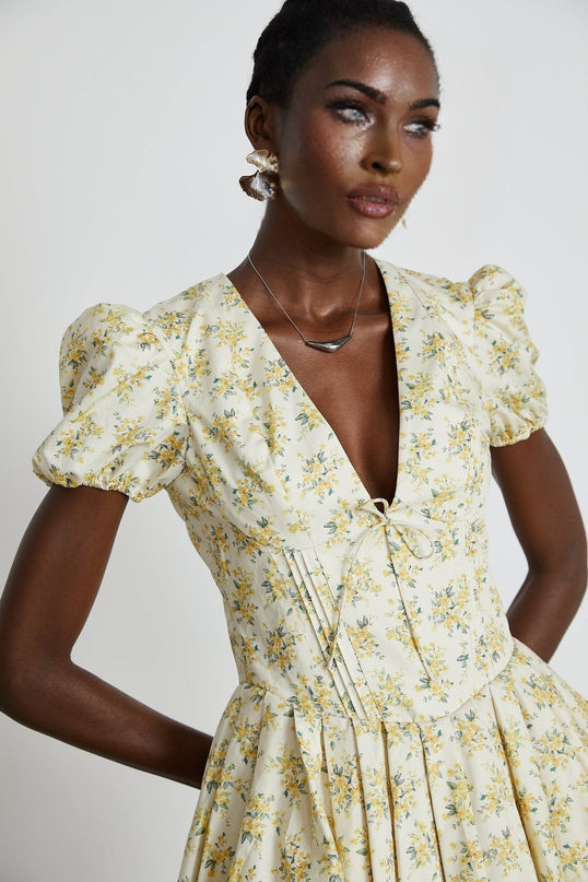 Ermione Yellow Floral Pleated Mini Dress Layers