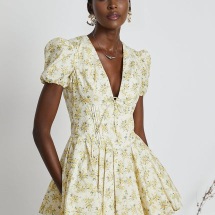 Ermione Yellow Floral Pleated Mini Dress Layers