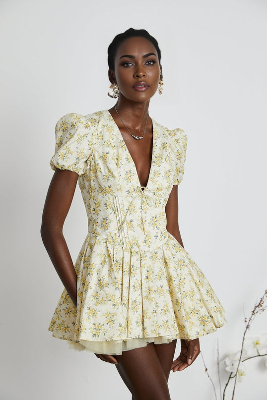 Ermione Yellow Floral Pleated Mini Dress Layers