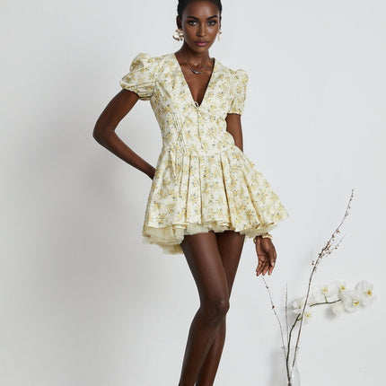 Ermione Yellow Floral Print Pleated Mini Dress Layers