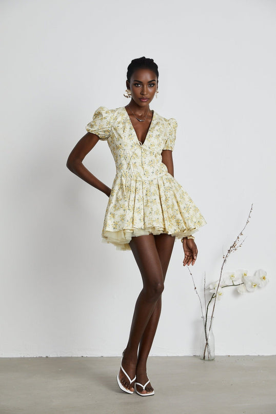 Ermione Yellow Floral Print Pleated Mini Dress Layers