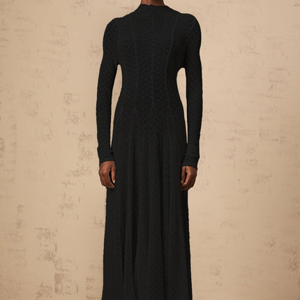 Esme Black Lace Maxi Dress with Wavy Pattern Crew Neck Long Sleeves Pleated Detailing Half Lining Rear Zip Fastening Flattering Length 90% Nylon 10% Spandex