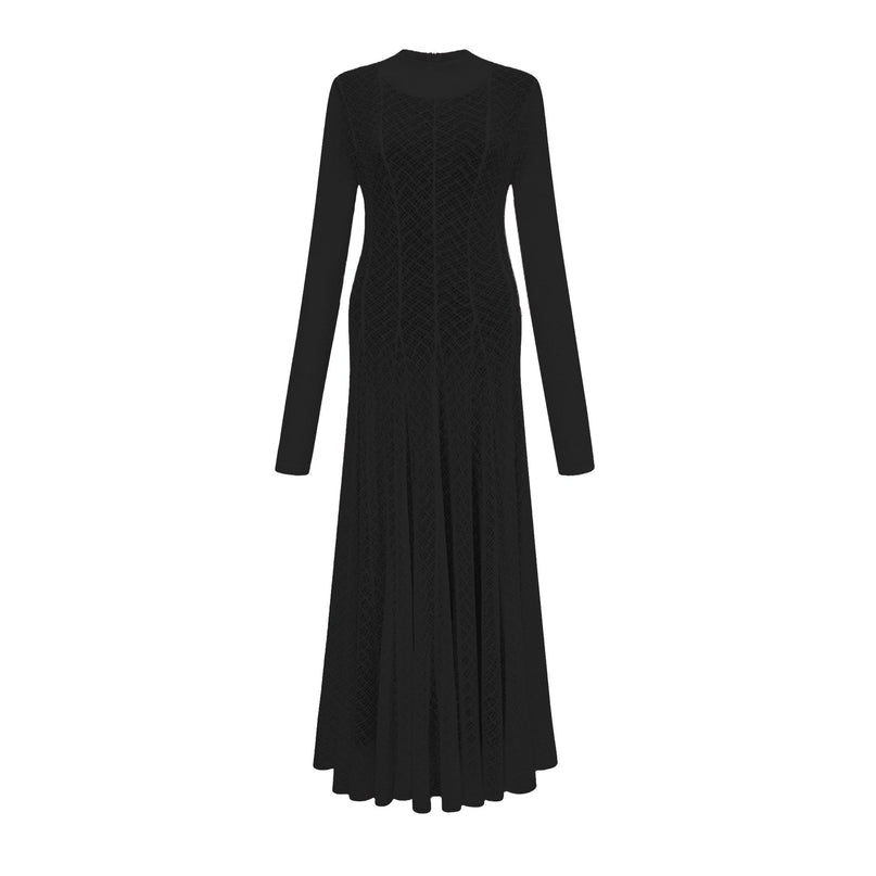 Esme Black Lace Maxi Dress with Wavy Pattern Crew Neck Long Sleeves Pleated Detailing Half Lining Rear Zip Fastening 90 Nylon 10 Spandex