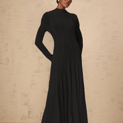 Esme Black Lace Maxi Dress with Wavy Pattern Crew Neck Long Sleeves and Pleated Detailing